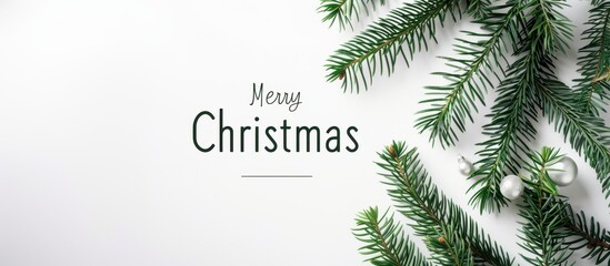 Green pine branches with white background and text saying 'Merry Christmas'.
