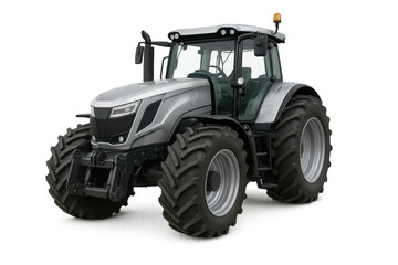 Silver modern tractor for agriculture and farming, large wheels, heavy farm machine for rural work on transparent background