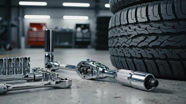 Car repair tools shown on concrete floor with tires in background. Car repair setting includes tools, wrench, and spanner for automotive work. For commercial car repair content