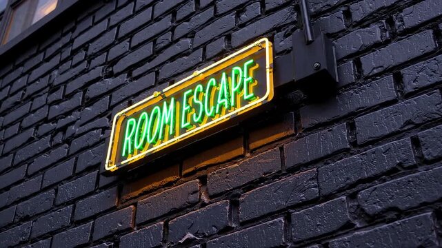 Bright neon room escape sign glowing on dark textured brick wall, concept of entertainment venue, puzzle games and immersive urban adventure experiences