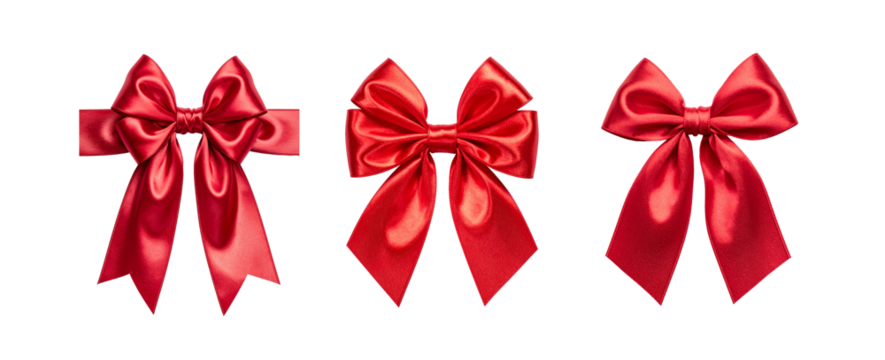 Complex Red Silk Bow set. Luxurious 3D bow with multiple layered loops, frontal view, satin texture. Isolated high-res PNGs for VIP gifts, solemn events, Christmas, and romantic design projects.