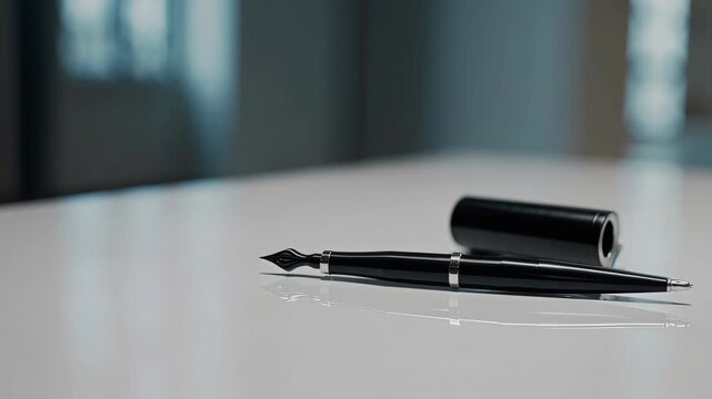 Elegant black fountain pen with silver details placed on glossy white table in soft natural light creating refined professional writing atmosphere