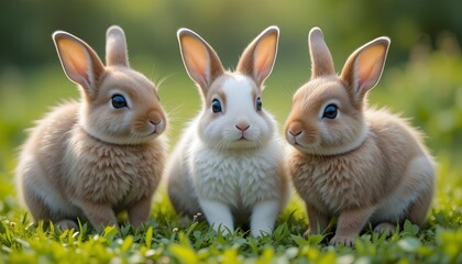 There cute and pretty baby rabbits sit together on green grass and looking every where