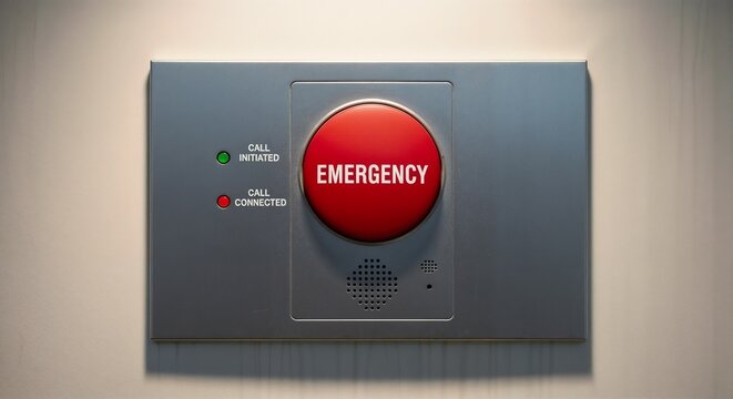 Emergency call button panel with indicators for initiated and connected calls