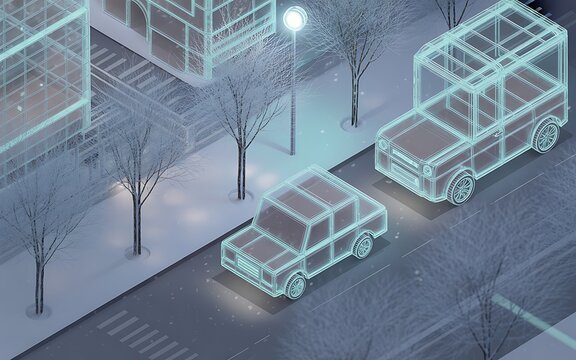 Digital city street with autonomous cars and buildings in wireframe