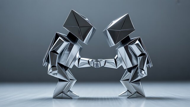 Two origami robots shaking hands in a studio setting