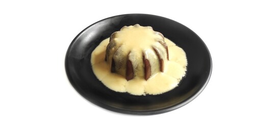 Chocolate Pudding with Creamy Vanilla Sauce  Custard on Black Plate Isolated on White Background. Food Stylish Photography