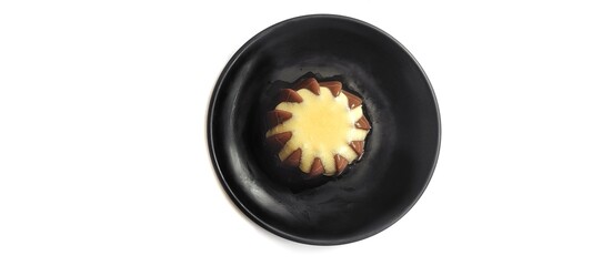 Chocolate Pudding with Creamy Vanilla Sauce  Custard on Black Plate Isolated on White Background. Food Stylish Photography
