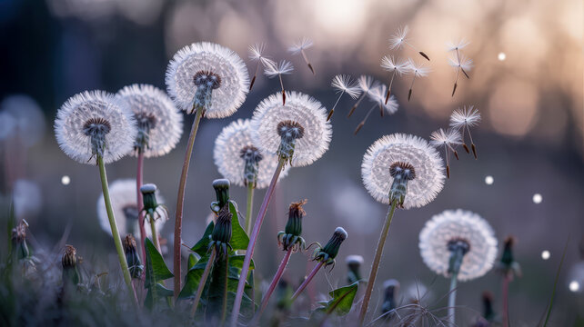 Dandelion seeds dispersing in soft natural light, symbols of hope.