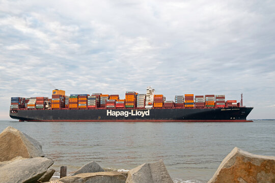 The Hapag-Lloyd container ship Hong Kong Express sails into Charleston Harbor, SC, USA on November 22, 2025.