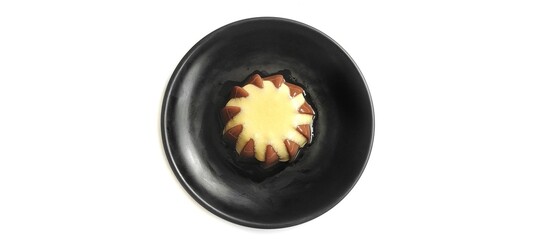 Chocolate Pudding with Creamy Vanilla Sauce  Custard on Black Plate Isolated on White Background. Food Stylish Photography