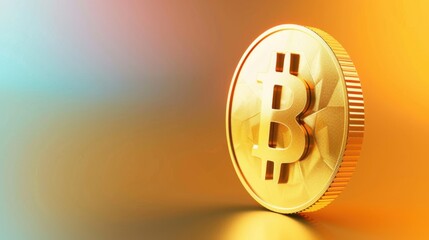 A close-up of a shiny gold Bitcoin coin on a colorful gradient background. The coin features the Bitcoin logo prominently.