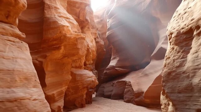 A breathtaking view inside a narrow slot canyon, featuring towering sandstone walls sculpted by millennia of natural erosion. A stunning ray of sunlight pierces through the confined opening above, ill