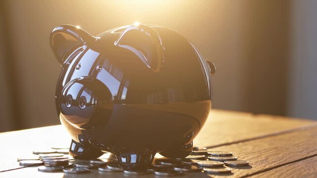 Shiny black ceramic piggy bank standing on wooden table with scattered coins, savings protection and financial planning concept