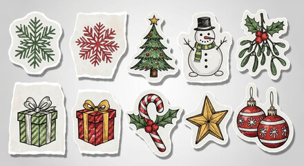Grunge Paper Christmas Doodle Sticker Set with Torn Edges and Hand-Drawn Winter Elements