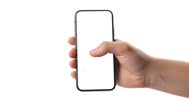 Hand Holding Modern Smartphone with White Screen for Mockup isolated on transparent background - Powered by Adobe