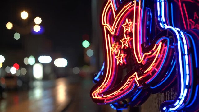 Vibrant neon sign shaped like a cowboy boot glowing on night street, western country bar symbol and nightlife decoration