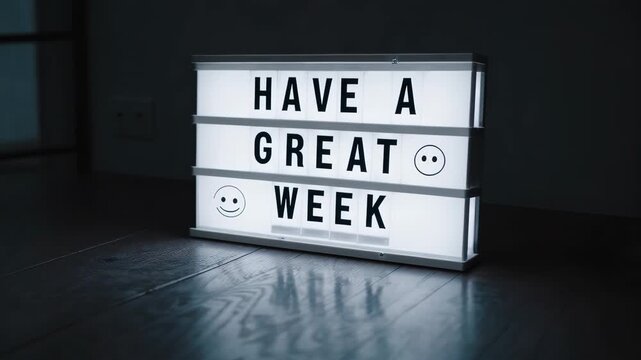 Illuminated lightbox sign displaying have a great week text with smiley faces in dark room, positive motivation and mood - Powered by Adobe