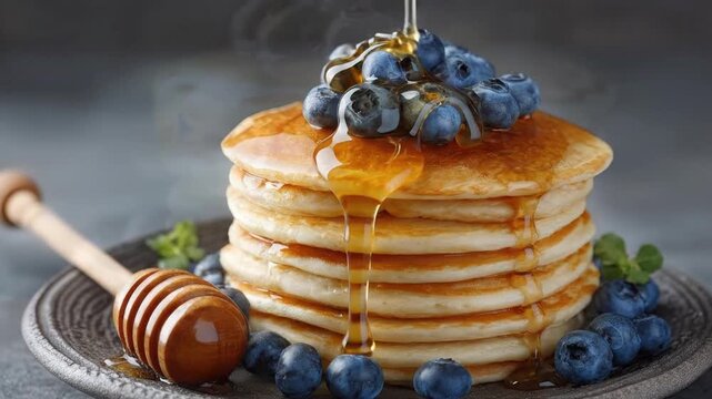 A captivating close-up captures a delicious stack of golden-brown pancakes, generously topped with plump, vibrant blueberries. Golden honey slowly drizzles down the sides of the fluffy pancakes, creat