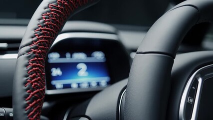 Close-up of car steering wheel with red stitching and digital dashboard screen, automotive technology interior - Powered by Adobe