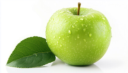 green apple with green leaf isolated on white background