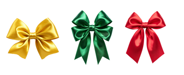 Holiday Silk Bow Set (Red, Gold, Emerald Green). Realistic 3D bows, frontal view, luxurious satin texture. Isolated high-res PNGs for festive, Christmas, New Year, gift, and ceremonial design projects
