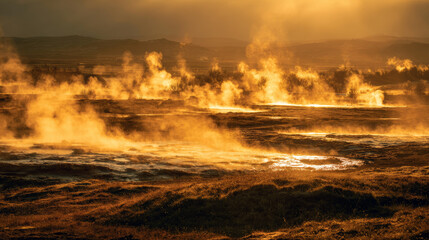 Field of hot geysers steaming under golden sunlight. 