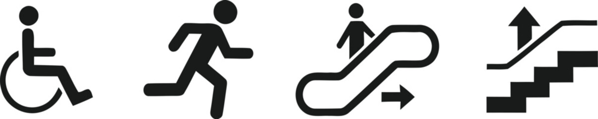 Accessibility emergency exit and escalator icons in black and white