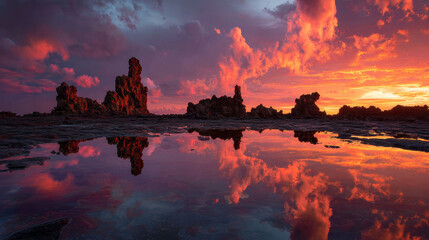 Fiery sunset reflecting off volcanic rock formations.