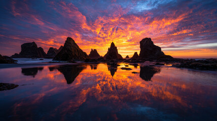 Fiery sunset reflecting off volcanic rock formations.
