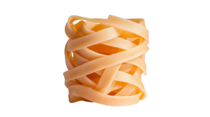 PNF of A bundle of fresh fettuccine pasta, showcasing a creamy yellow hue against a neutral background.