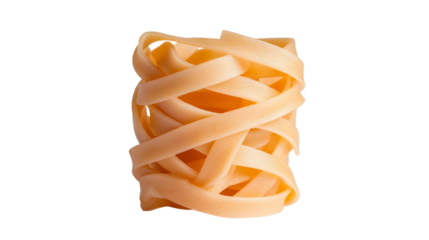 PNF of A bundle of fresh fettuccine pasta, showcasing a creamy yellow hue against a neutral background.