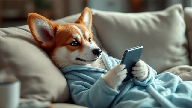 Dog in cozy attire relaxing, Corgi resting in comfortable clothing