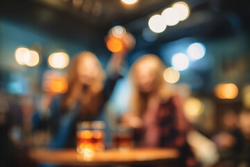 Blurred friends cheering drinks inside pub with warm lighting joyful atmosphere two women casual clothing celebration social gathering night out defocused background happiness friendship