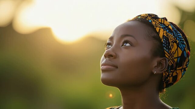 Serene young Black woman looking up into warm golden light with traditional headwrap for spiritual hope concept and future vision