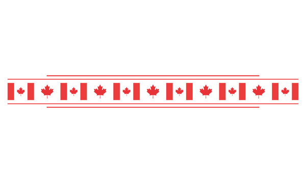 A horizontal decorative banner featuring a repeating pattern of small Canadian flags with thin red lines on a white background.