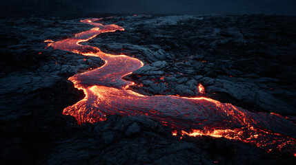 Flowing lava illuminating black volcanic rock in stark contrast. 