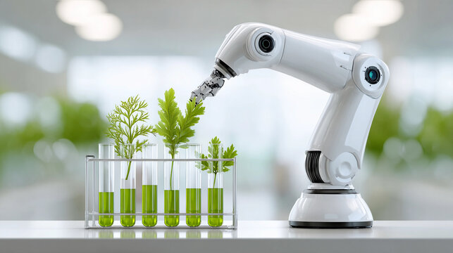Robot arm works on plant research in a laboratory with several test tubes and green plants - Powered by Adobe