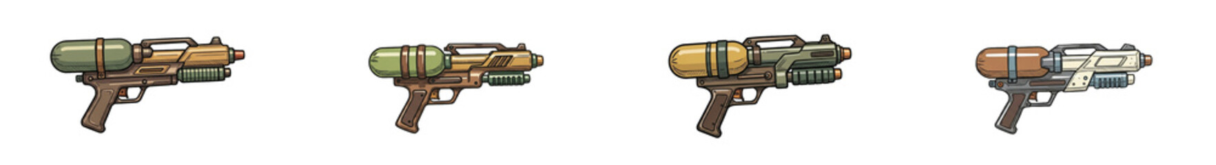 Cartoon water gun blaster isolated vector illustration set