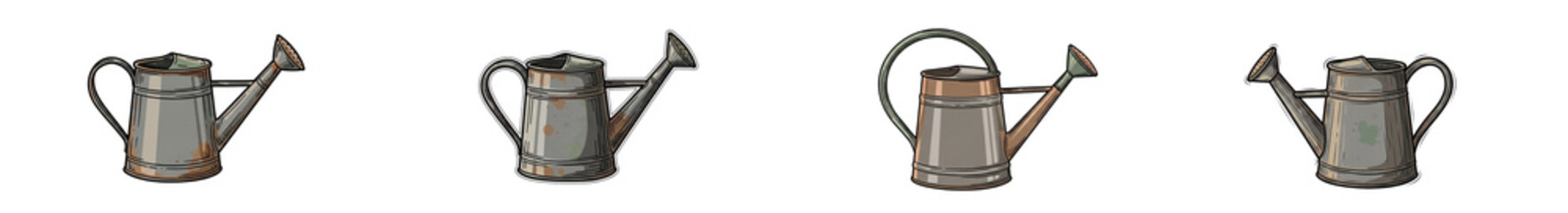 Rusty metal watering can illustration set isolated on white