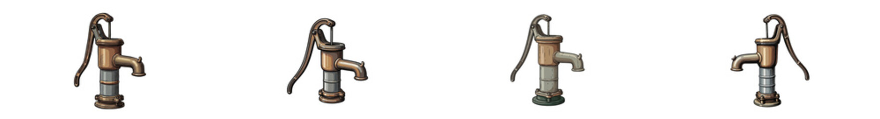 Vintage hand water pump illustration set isolated on white