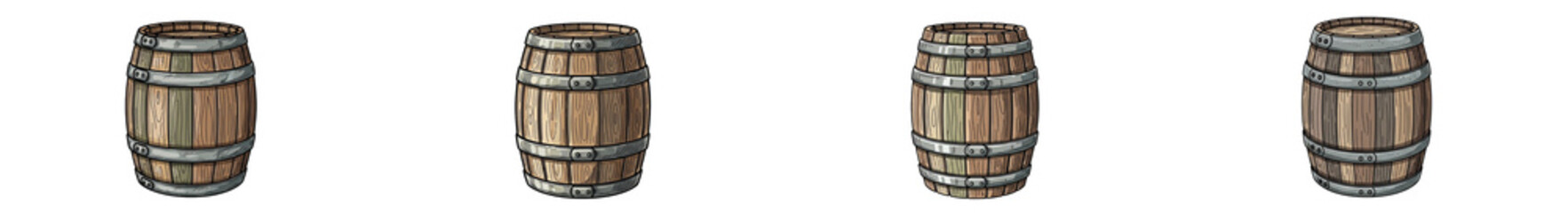 wooden water barrel hand drawn illustration set