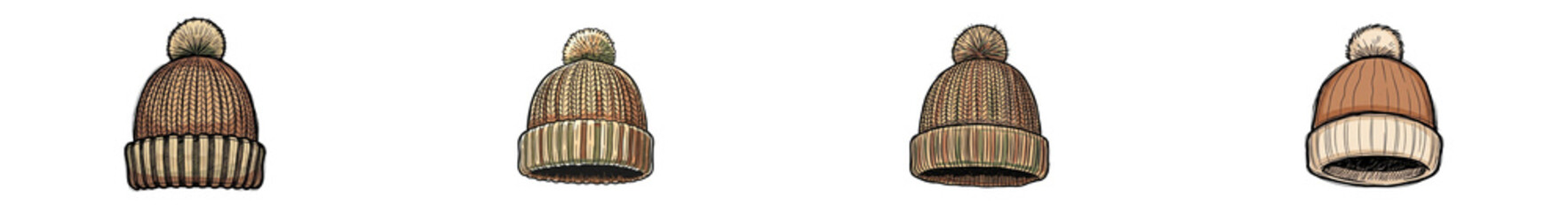 Hand drawn winter hats set with pom poms