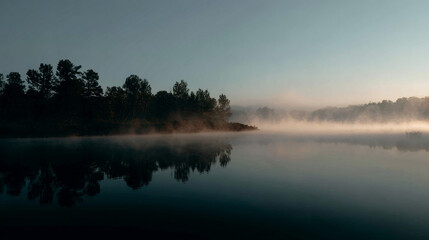 Fog rolling over a serene lake at dawn ethereal stillness.