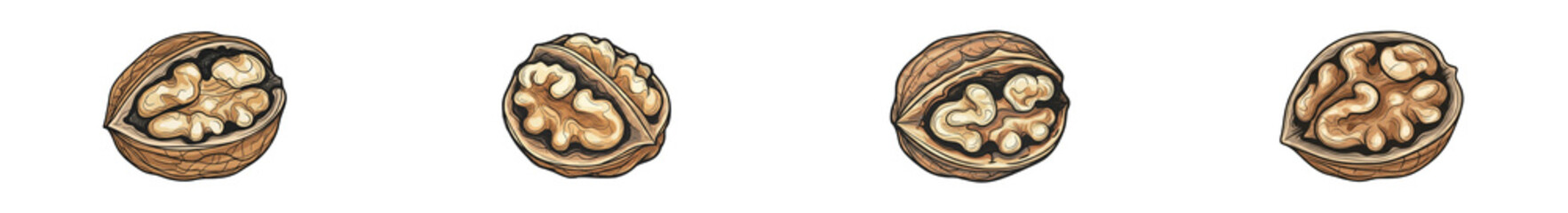 Hand drawn walnut halves set isolated on white