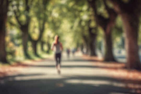 Defocused woman jogging on tree lined path at sunrise, soft morning light creates peaceful and energetic atmosphere, blurred background enhances sense of motion