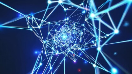 Abstract blue digital network tunnel moving with glowing plexus lines, data communication and technology concept - Powered by Adobe