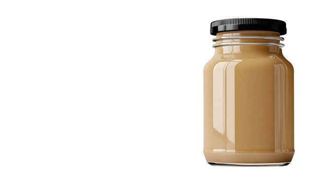 PNF of Glass jar of creamy peanut butter with a black lid, showcasing a smooth texture and rich color.