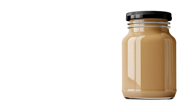 PNF of Glass jar of creamy peanut butter with a black lid, showcasing a smooth texture and rich color.