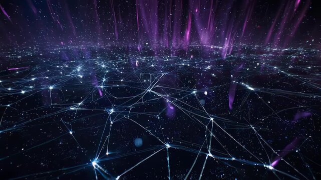 Brilliant cyber web displaying vibrant connection points across landscape, vivid luminous network showcasing dynamic glowing nodes and fast data transmission throughout entire digital environment